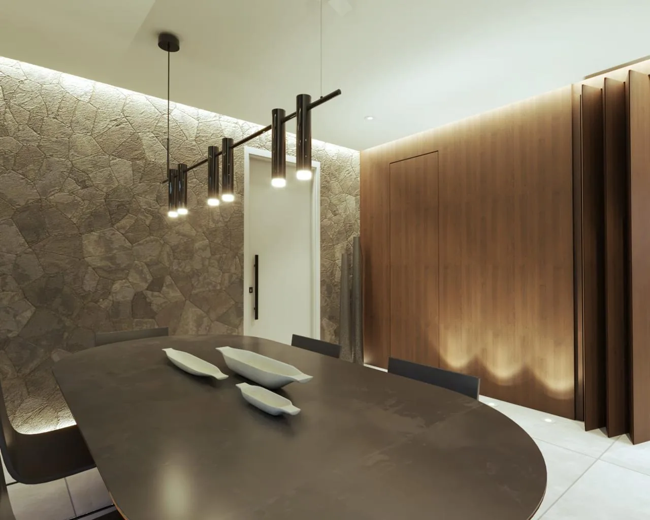 Hall de jantar com parede de pedra e iluminação de destaque