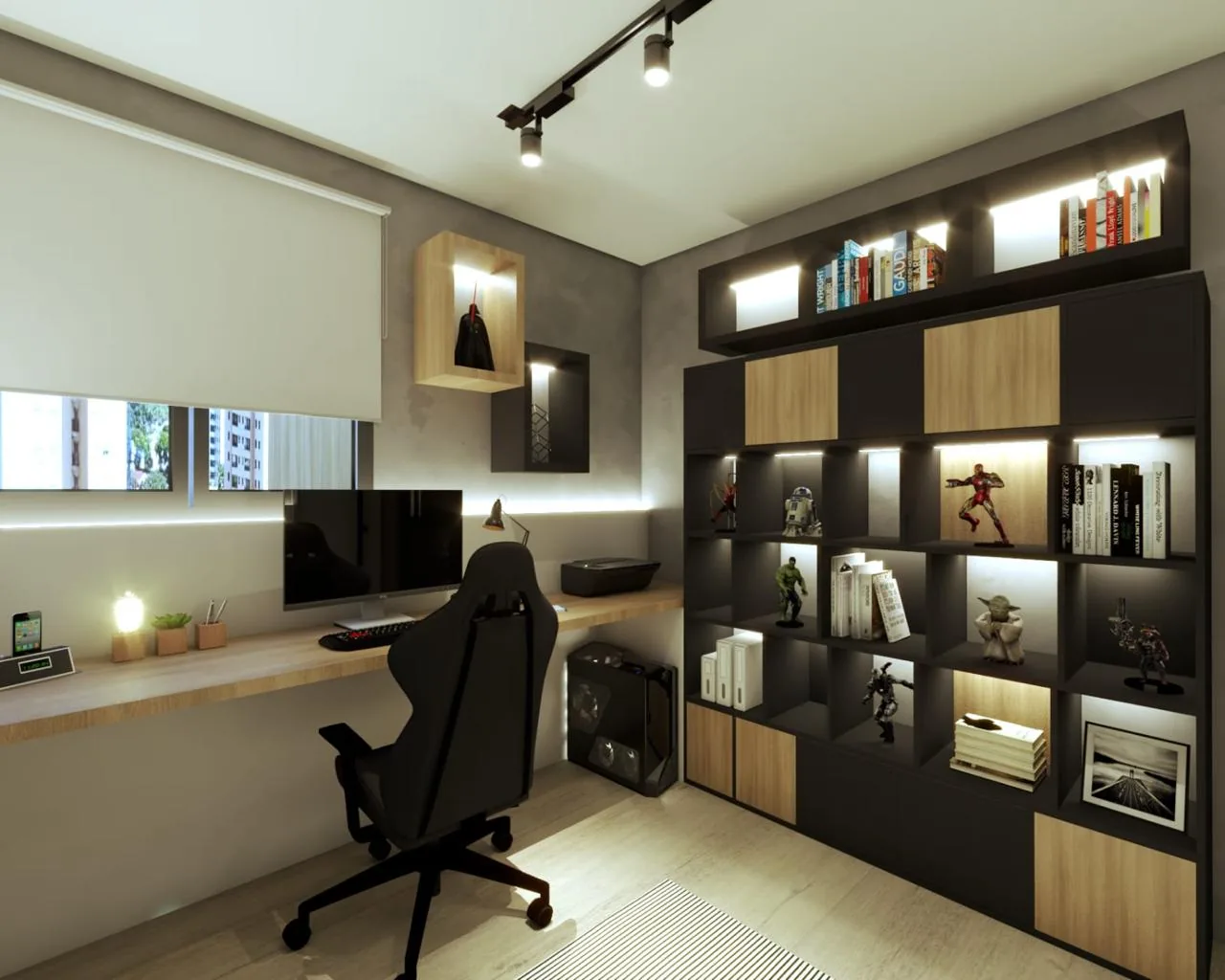 Home office com poltrona gamer e painel com mapa-múndi