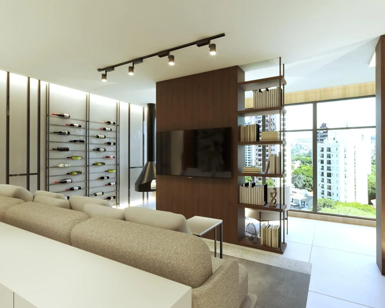 Home office com bancada clara e estante modular