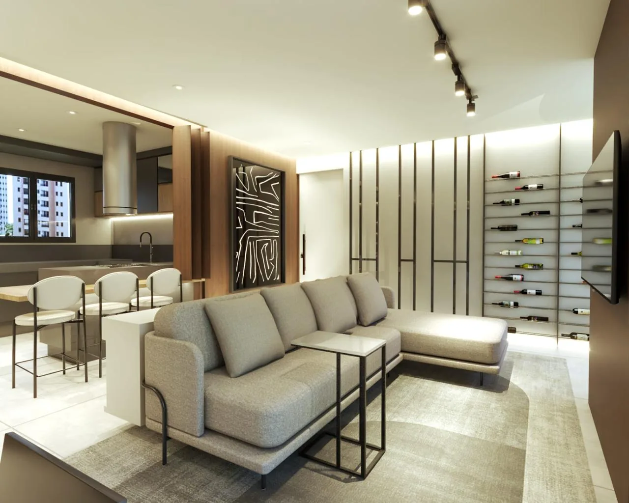 Sala de estar com sofá modular, TV e adega integrada, varanda ao fundo