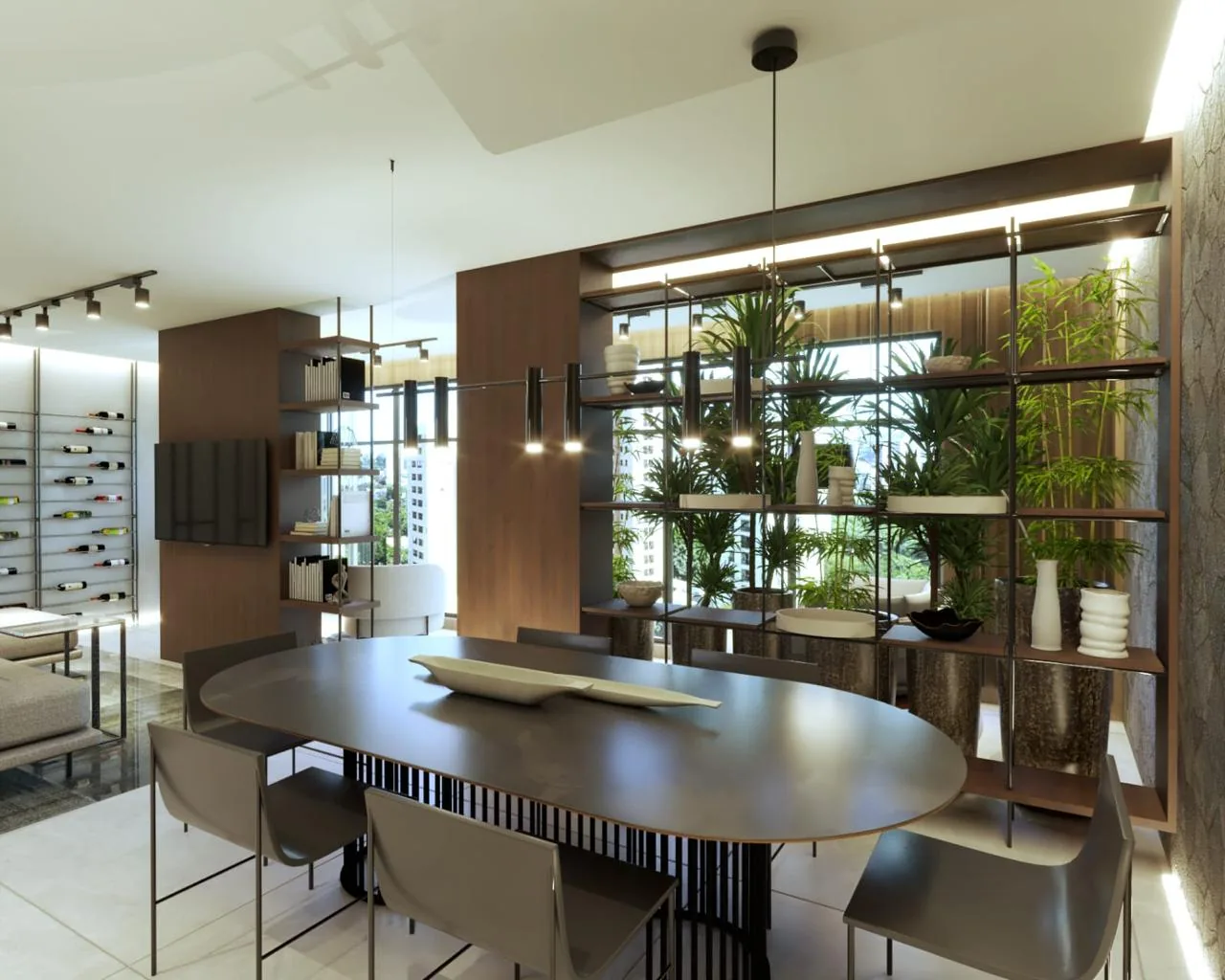 Sala de jantar com mesa oval e painéis amadeirados