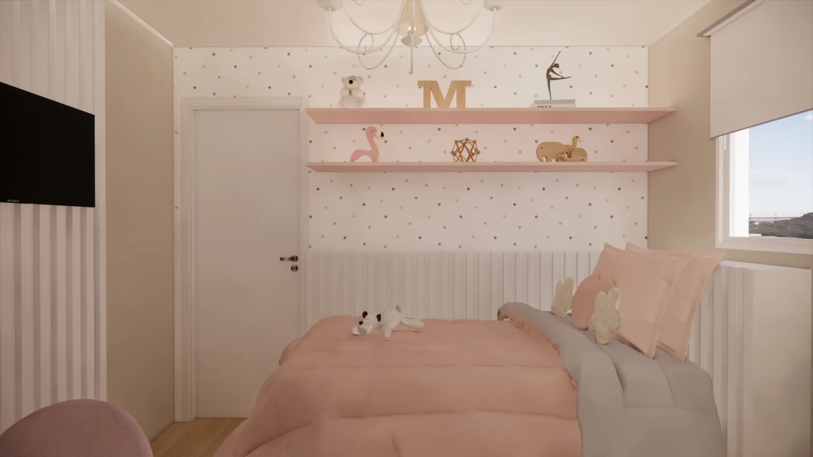 Quarto infantil com lustre em arco e decoração lúdica