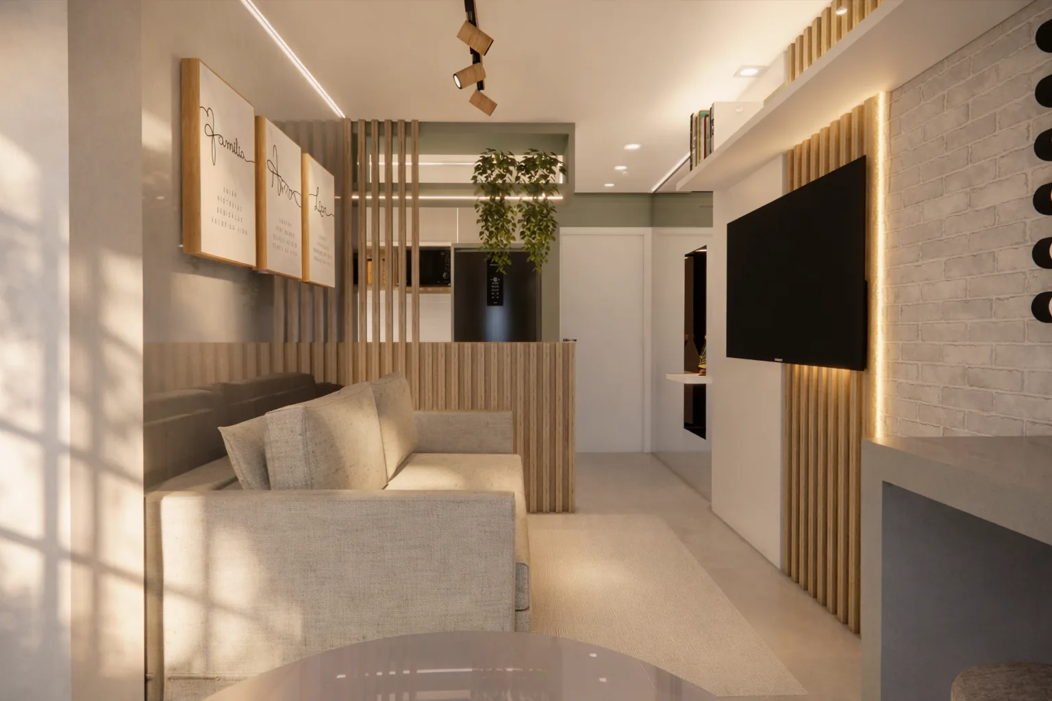 Sala integrada com painel ripado de madeira e iluminação pendente