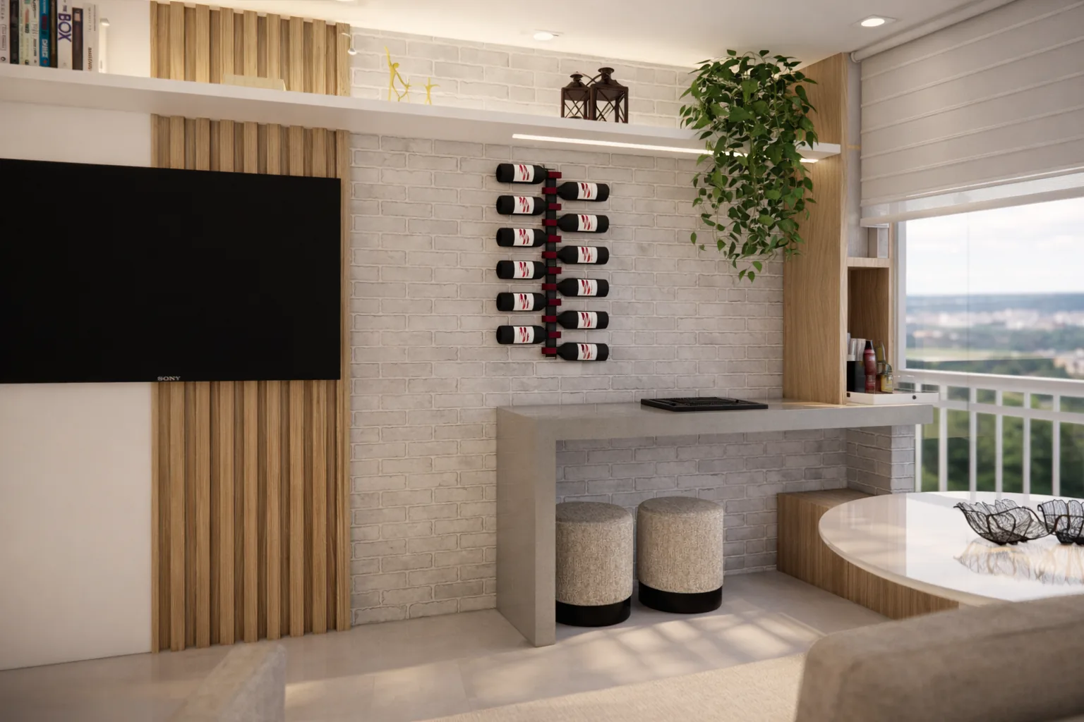 Sala de vinhos com sofá claro e garrafas em exposição