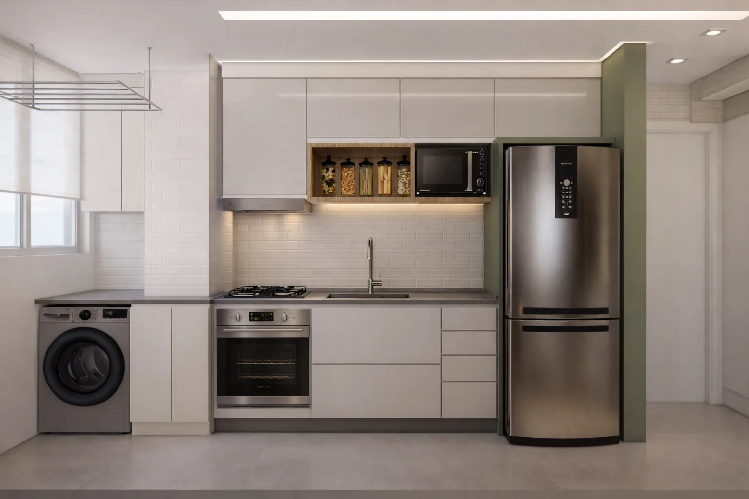 Cozinha com geladeira inox e área de serviço integrada